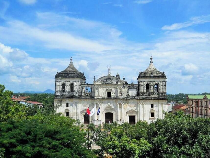 View of a cathedral from a rooftop. 