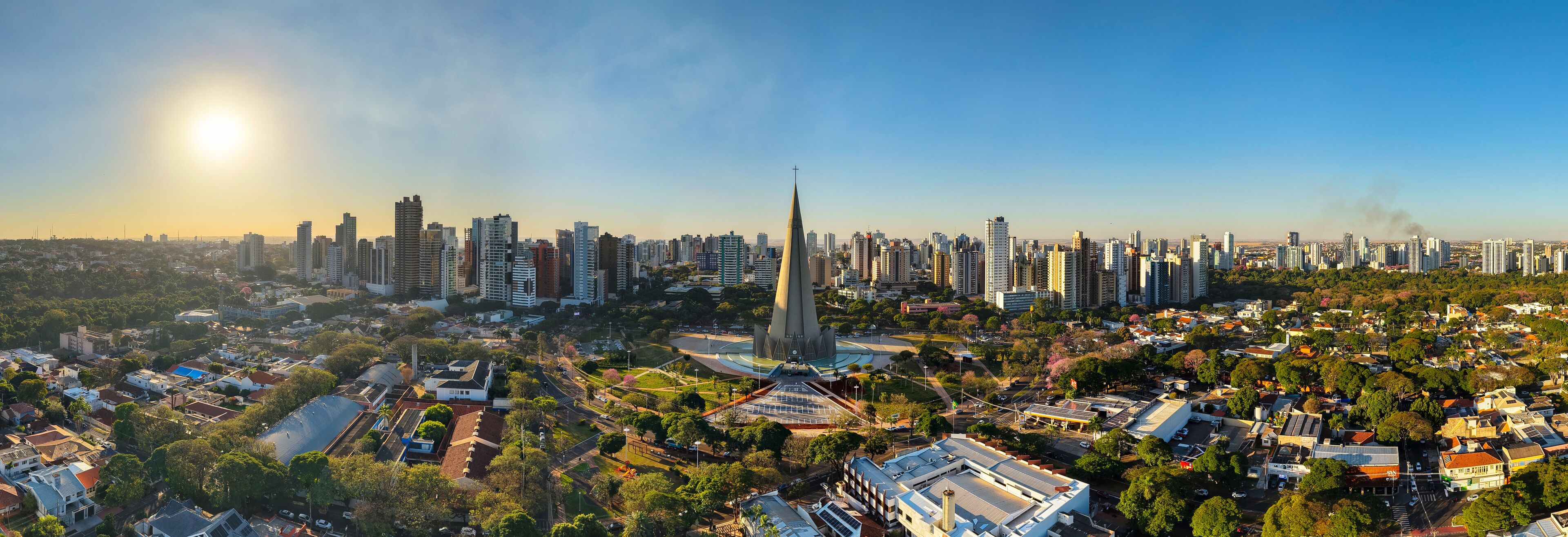Aerial View of Maringa, Cathedral and downtown. Several buildings.
