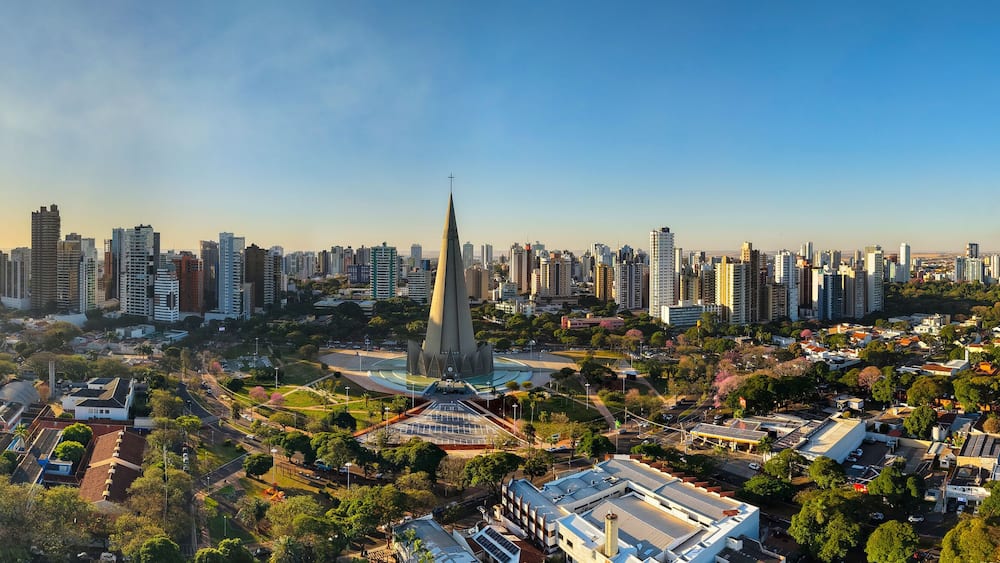 Aerial View of Maringa, Cathedral and downtown. Several buildings.