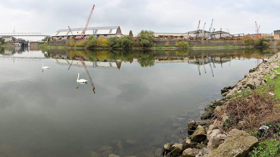 Island Harbor, Mannheim, Germany, panoramic view over the port basin