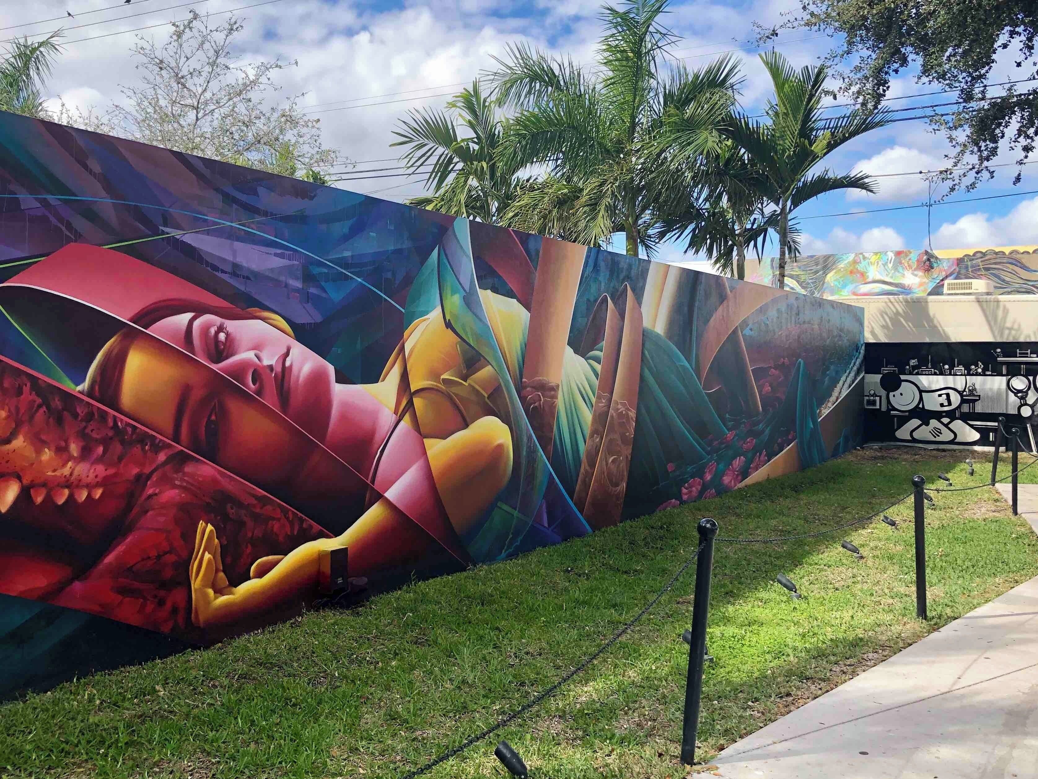 Um mural colorido numa parede, com uma cerca de arame farpado à frente.