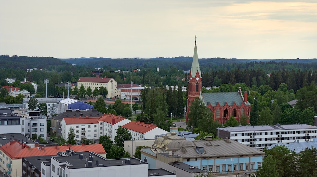 Panorama of the city of Mikkeli in Finland before the rain in summer: roofs of houses horizon forest lutheran church.