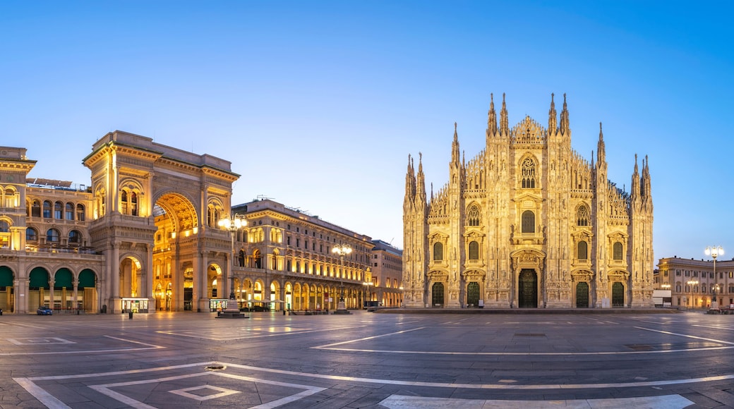 Milan panorama city skyline sunrise at Milano Duomo Cathedral, Milan Italy