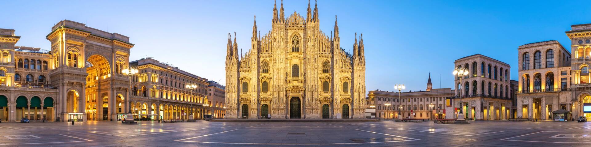 Milan panorama city skyline sunrise at Milano Duomo Cathedral, Milan Italy