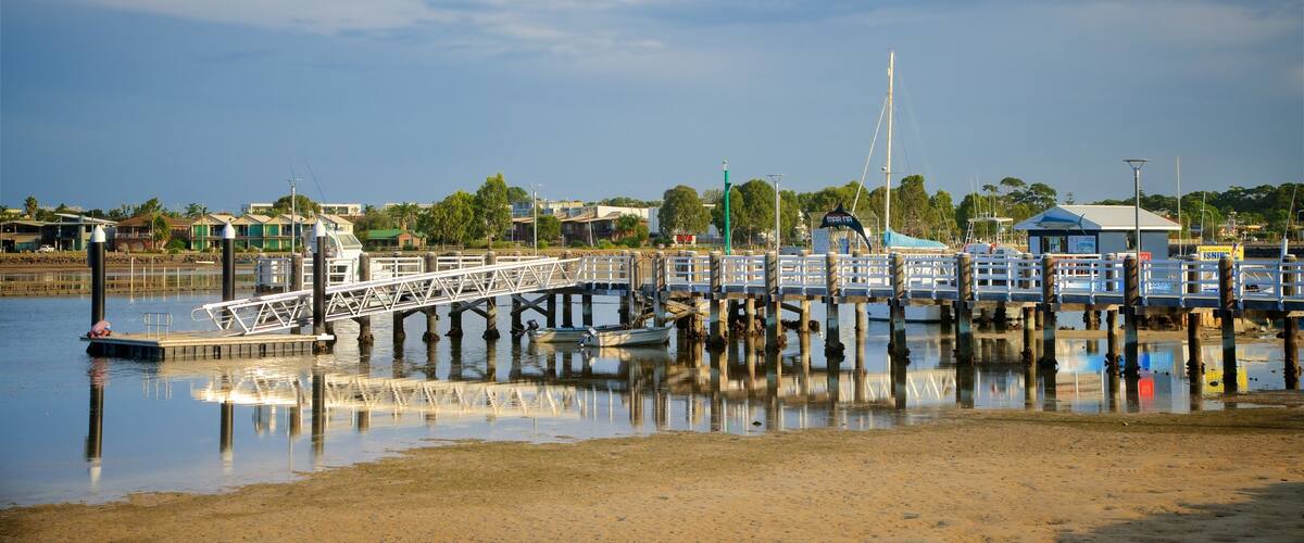 Sapphire Coast which includes a sandy beach and a bay or harbor