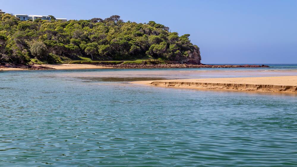 Un paysage côtier avec une plage de sable, des eaux calmes et une colline boisée.