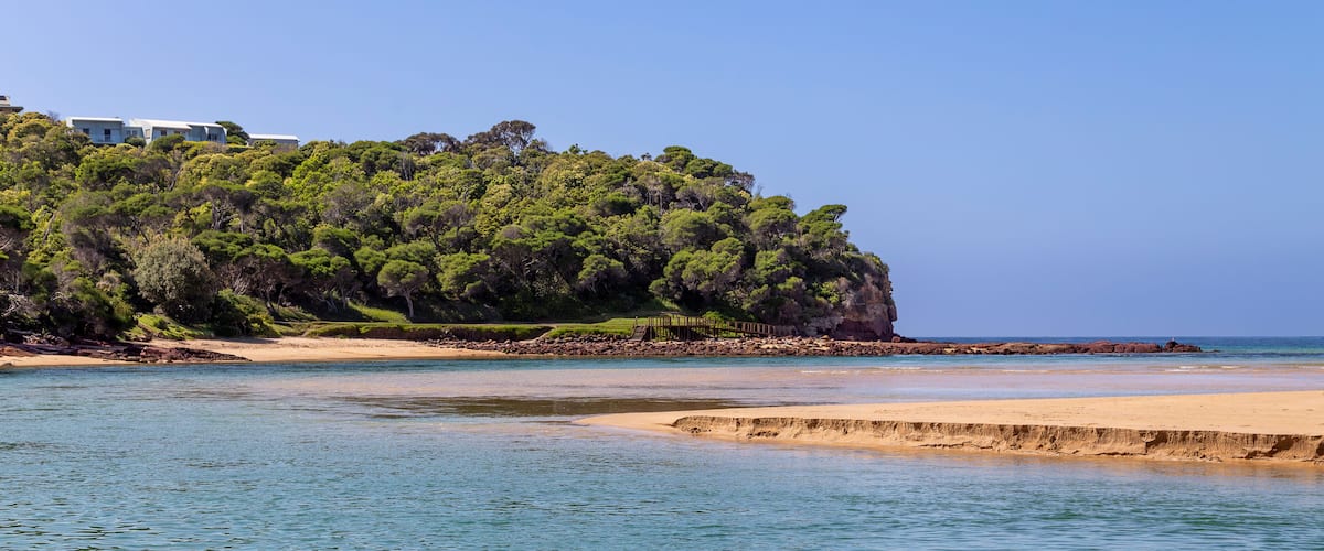 A coastal landscape with a sandy beach, calm waters, and a forested hill.