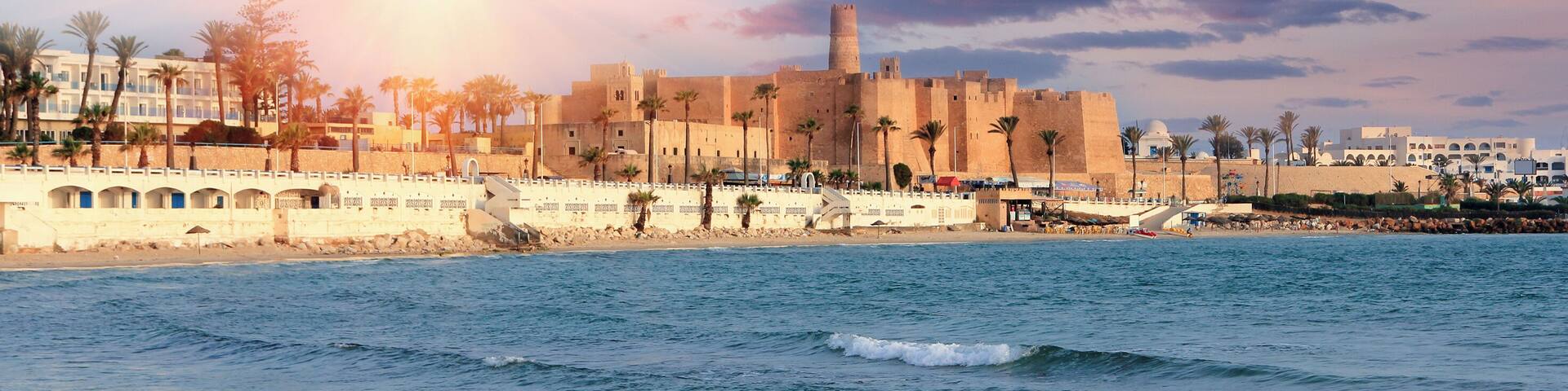 Beautiful view of the ancient Ribat fortress at sunset. Tunisia, Monastir. Mediterranean Sea.