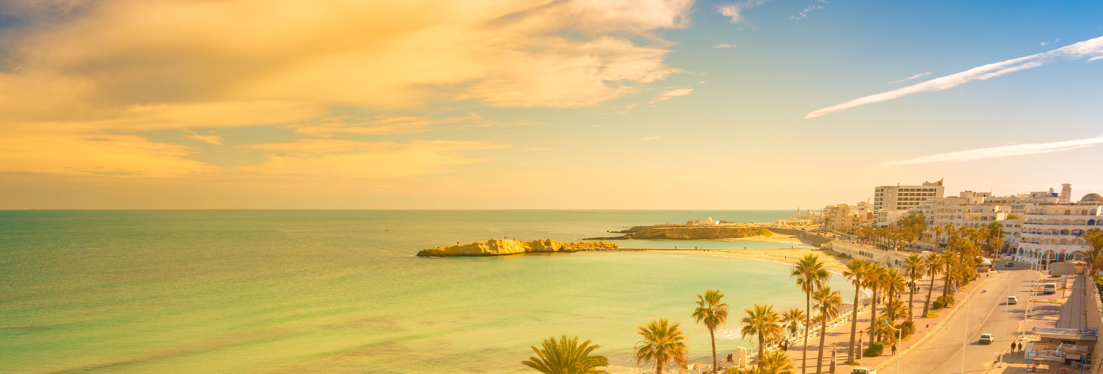 A coastal cityscape with a beach, palm trees, and a rocky outcrop in the sea.