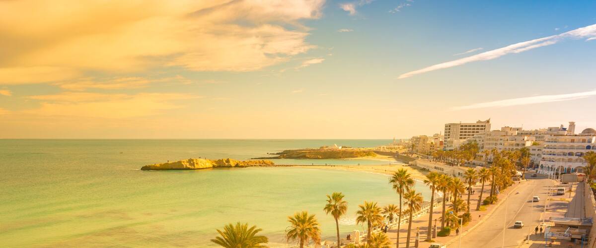 A coastal cityscape with a beach, palm trees, and a rocky outcrop in the sea.