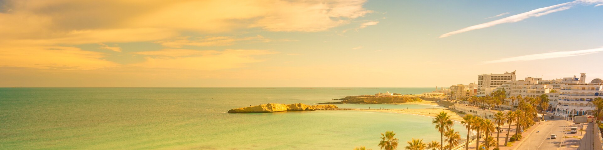 A coastal cityscape with a beach, palm trees, and a rocky outcrop in the sea.