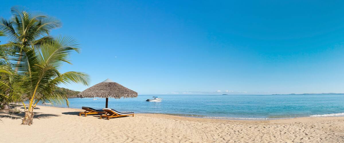 A beach with lounge chairs, a thatched umbrella, a palm tree, and a boat in the water.