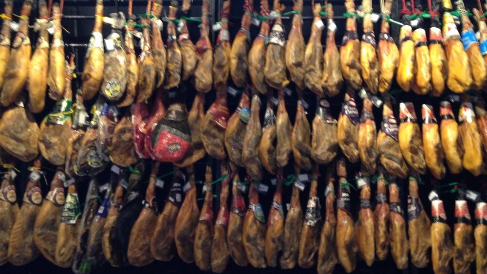 A display of various types of cured meats hanging in a store.