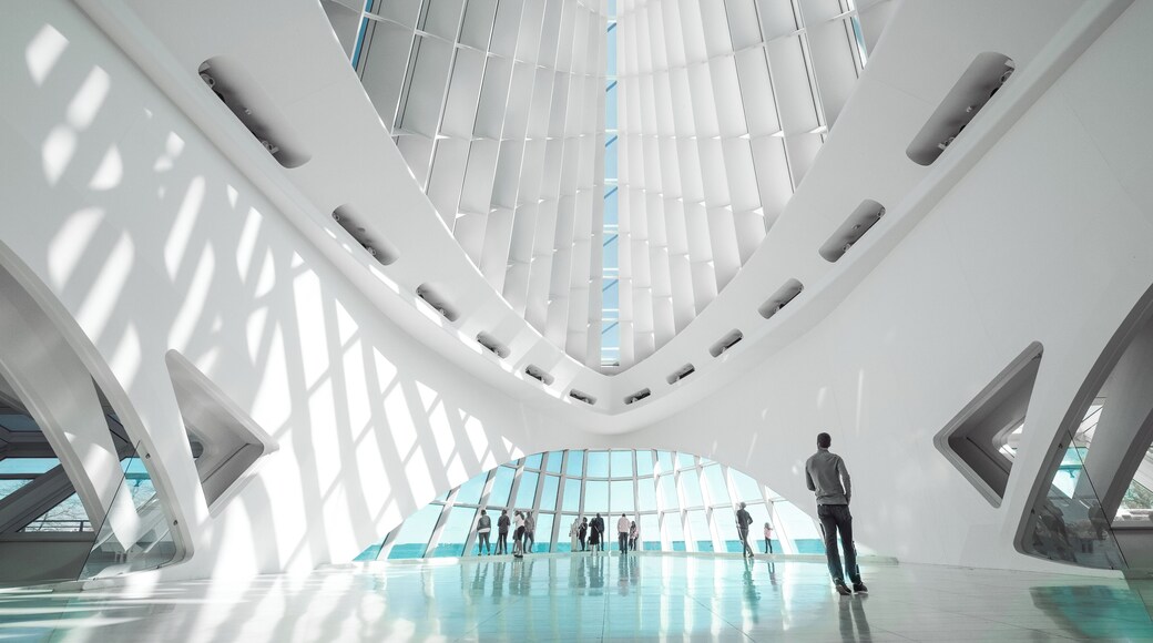 Inside the Milwaukee Art Museum is the magnificent cathedral-like space of Windhover Hall, with a vaulted a 90-foot-high glass ceiling that overlooks the harbor entrance and Lake Michigan. Awash in white with marble flooring, this open area serves as the gateway to the Museum.
#milwaukee #wisconsin #museum #architecture #perspective