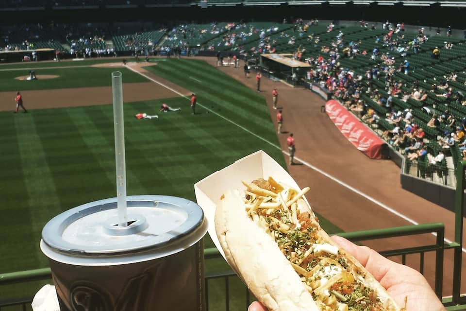 Jogo de beisebol em um estádio, com uma pessoa segurando um cachorro-quente e uma bebida.