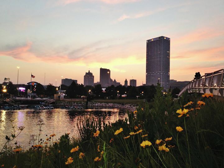 Beautiful Sunset in Milwaukee Wisconsin by Lake Michigan near the festival grounds. During the summer festivals, this is a great spot to relax, listen to the music, and watch the sunset if you don't want to pay to get in.