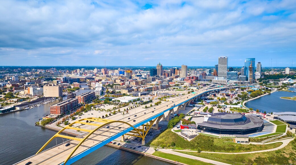 Aerial View of Milwaukee Cityscape with Stadium and Hoan Bridge Panorama