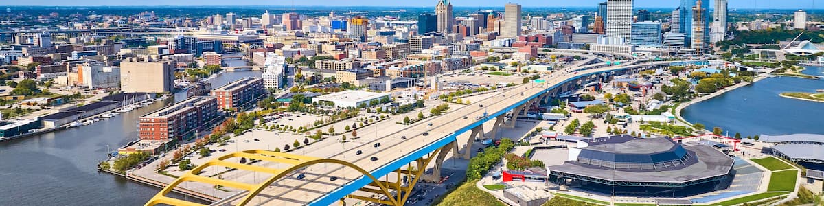 Aerial View of Milwaukee Cityscape with Stadium and Hoan Bridge Panorama
