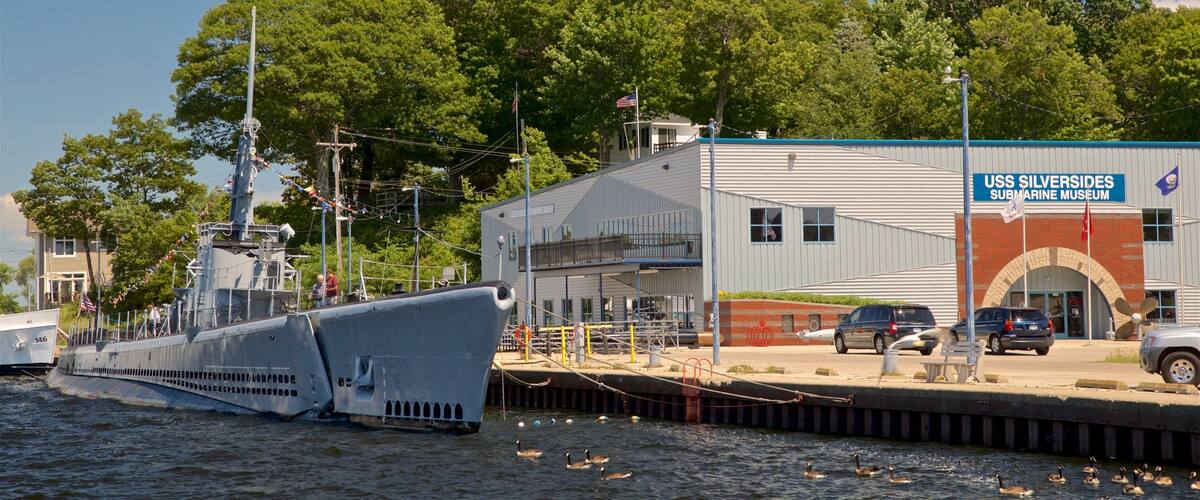 Muskegon featuring a marina and military items