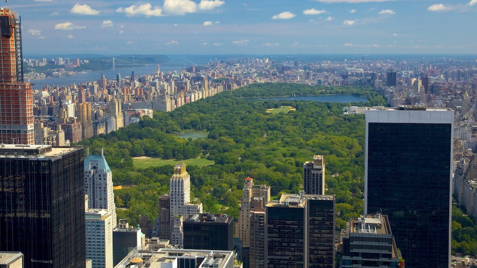 A cityscape with a large park in the center, surrounded by high-rise buildings.