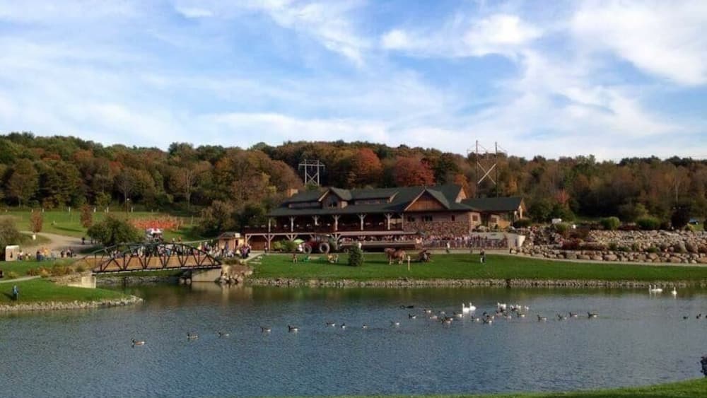 A lakeside view with a bridge, a building with a green roof, and a forested hill in the background.
