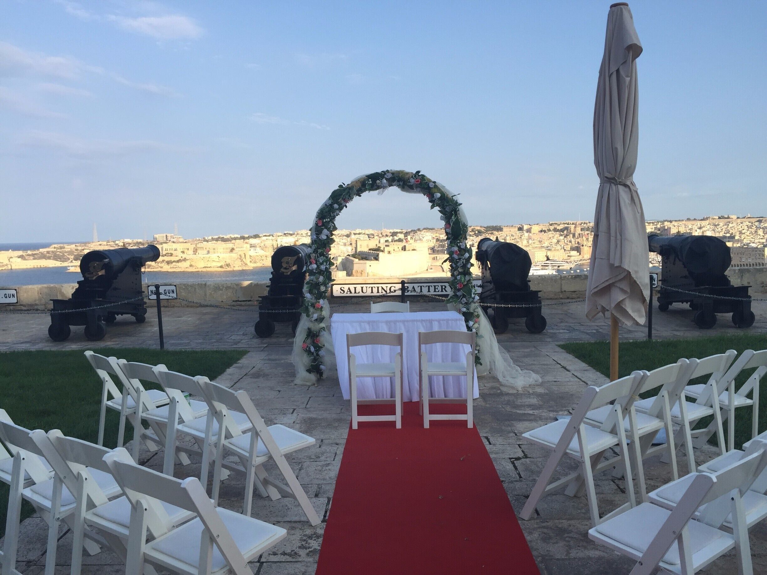 my wedding overlooking the historic Grand Harbour in Valletta #lifeatexpedia #wedding #destinationwedding #view #grandharbour #cannons #redcarpet 