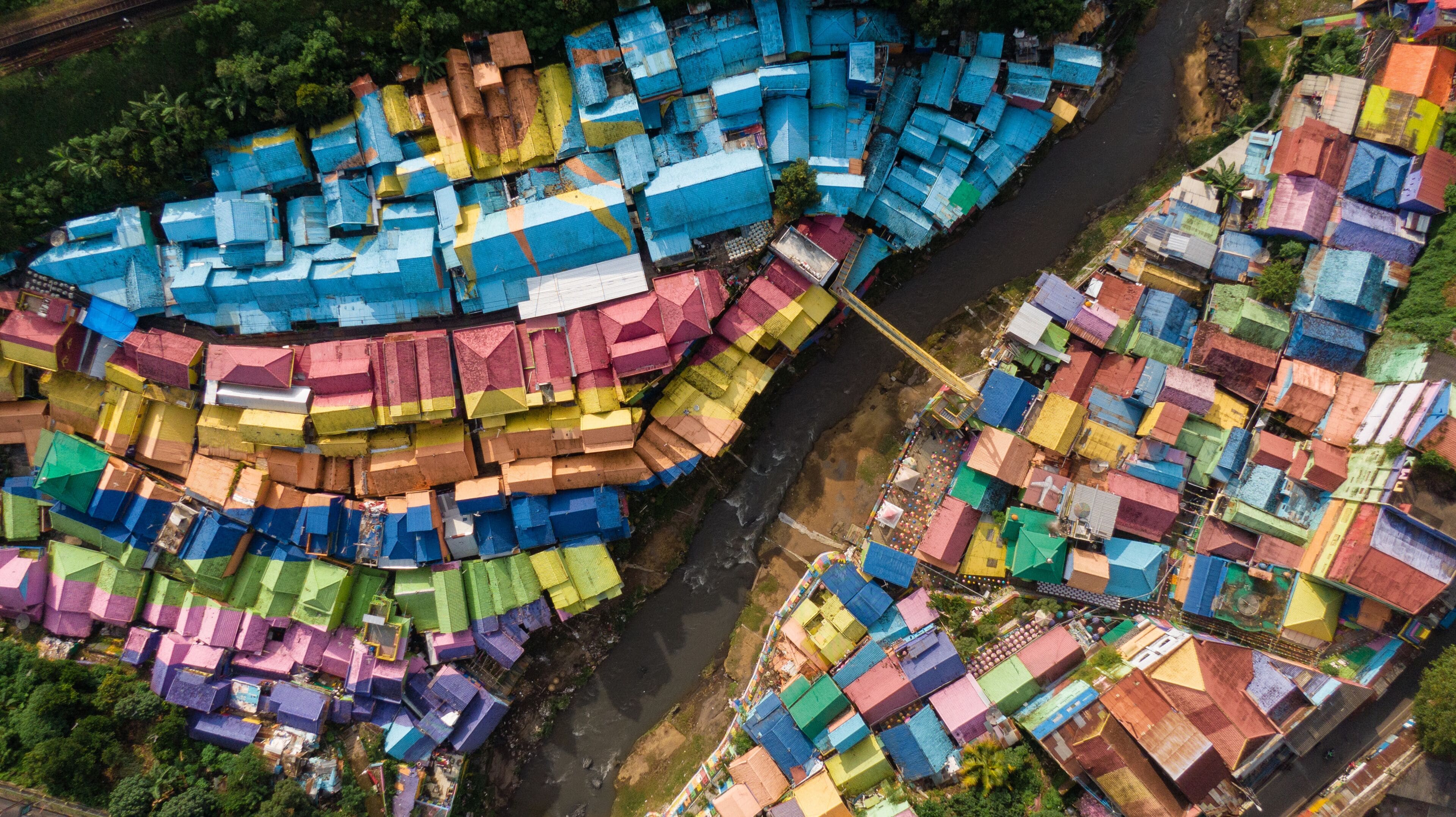 View from above of Colorful Village (Kampung Warna Warni) Jodipan and Tridi Village, Malang East Java, Indonesia, Asia