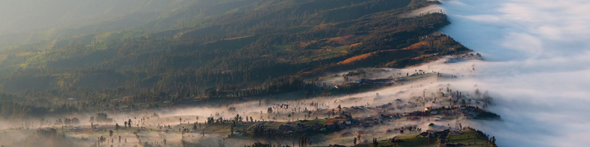 A misty mountain village with terraced fields and houses nestled in the valley.