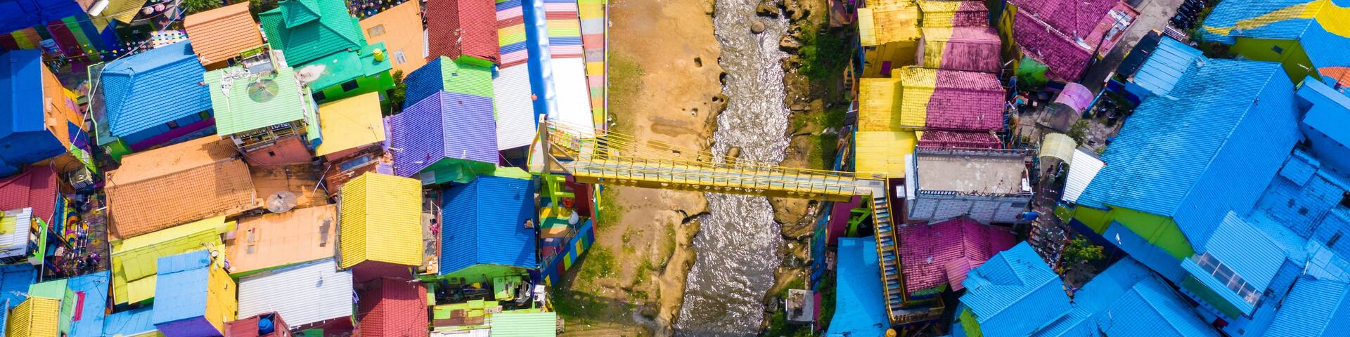 Aerial/Drone view of the colourful Rainbow Village in Malang