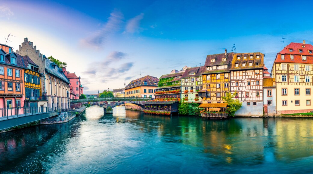 Old town water canal panorama of Strasbourg, Alsace, France. Traditional half timbered houses of Petite France