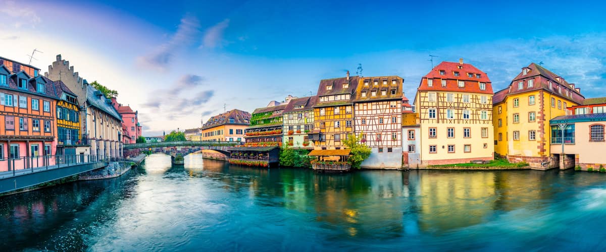 Old town water canal panorama of Strasbourg, Alsace, France. Traditional half timbered houses of Petite France