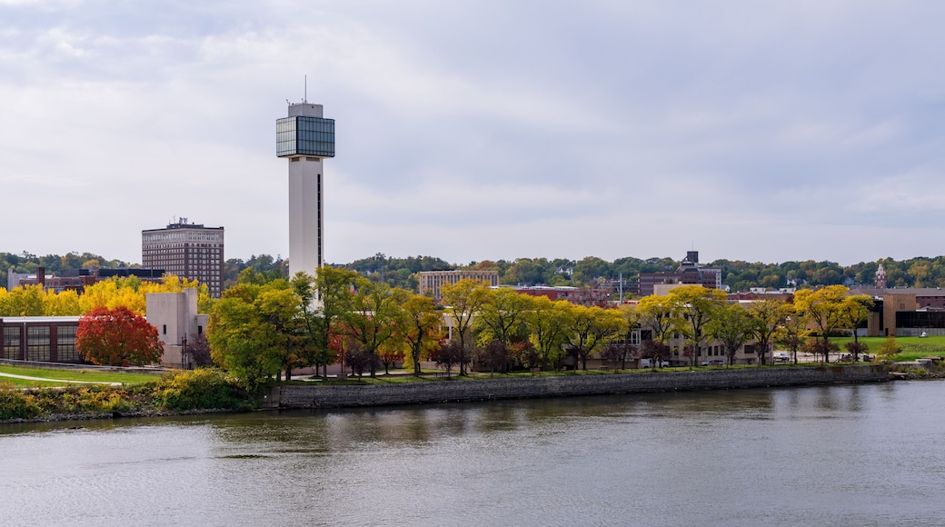 Panorama of downtown Moline in Illinois seen from the I-74 interstate bridge along Mississippi River