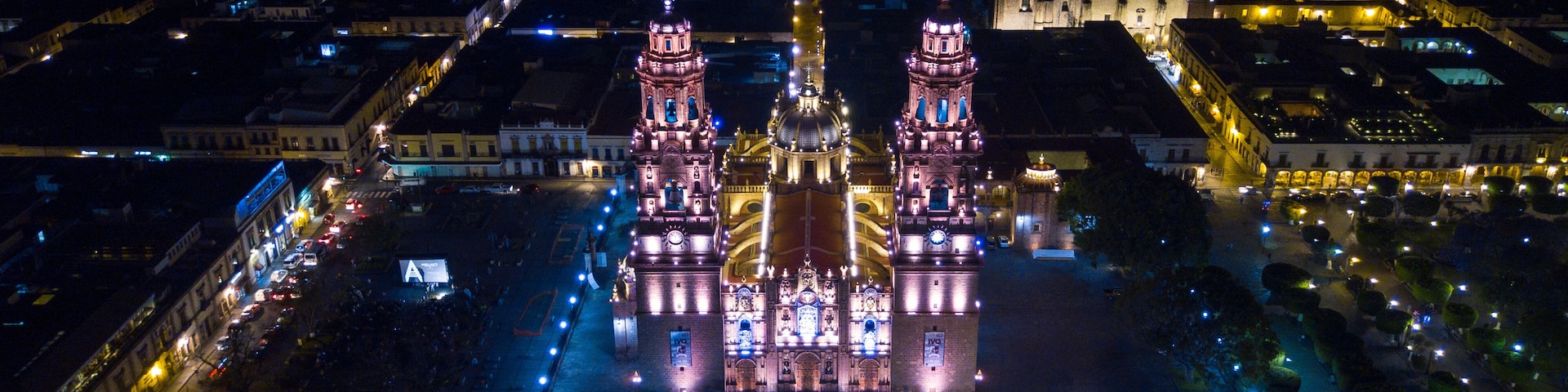 aerial of the cathedral of morelia at night