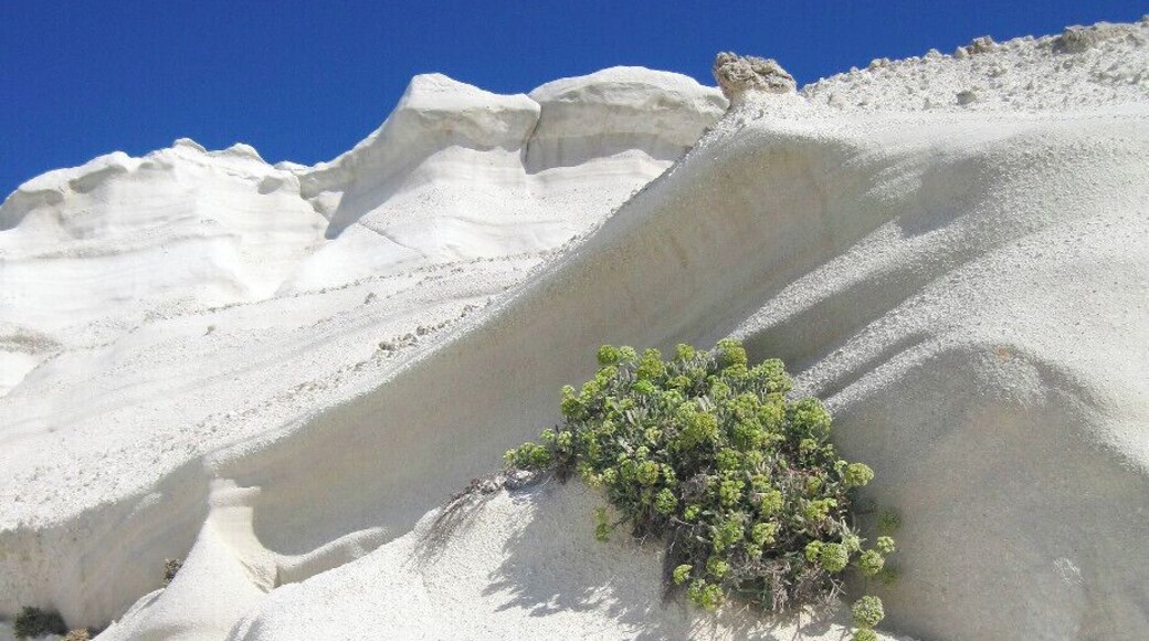Sarakiniko Beach in Milos, one of the most beautiful beaches of the island. Its particular landscape is very impressive and surely unforgettable: long horizontal rocks bent over the sea; those rocks are eroded by time and salt water, and have small and huge hollows all over them. The entire landscape formed by the volcanic rocks doesn't show any signs of vegetation and is coloured entirely in a bright white, which makes an interesting contrast with the deep blue and turquoise of the surrounding waters. This amazing scenery gives one the impression of standing on the surface of the moon.