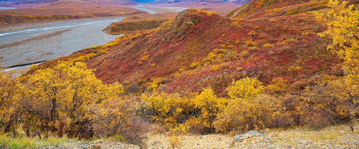 A river winding through a mountainous landscape with autumn foliage.