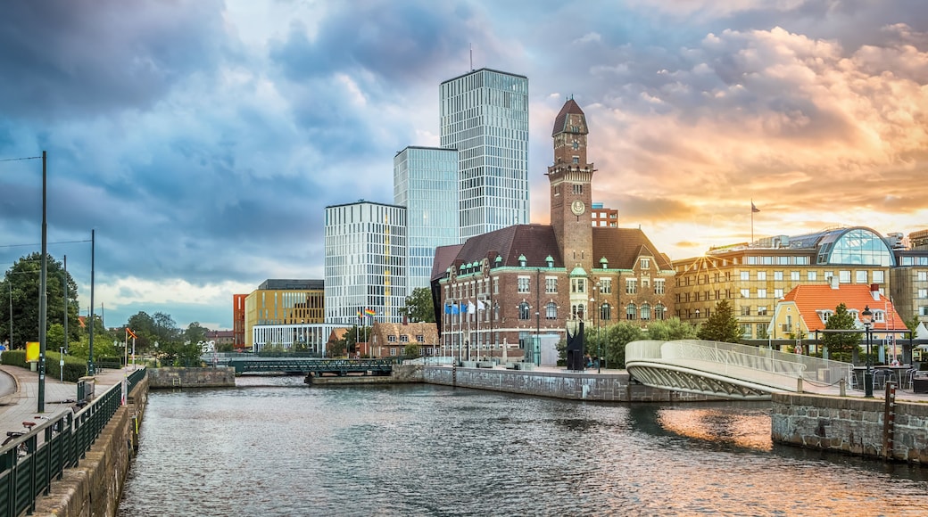 Beautiful cityscape with sunset over canal and skyline in Malmo, Sweden