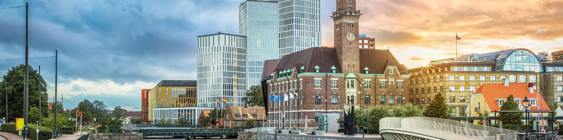 Beautiful cityscape with sunset over canal and skyline in Malmo, Sweden