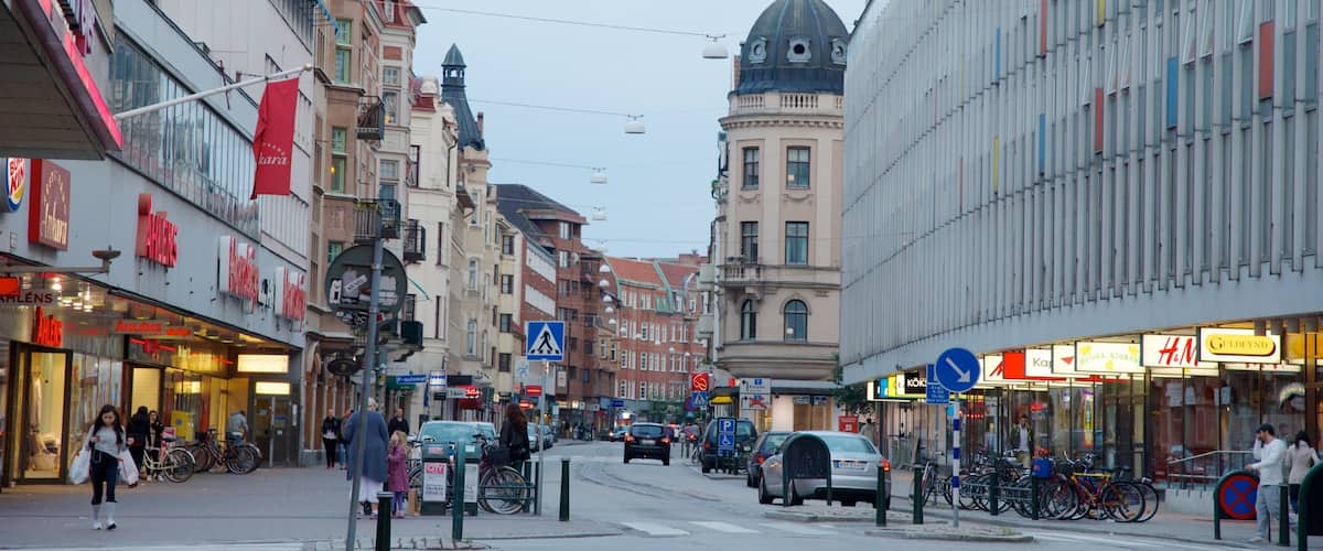 A bustling urban street with historic and modern buildings, shops, and a tram line.