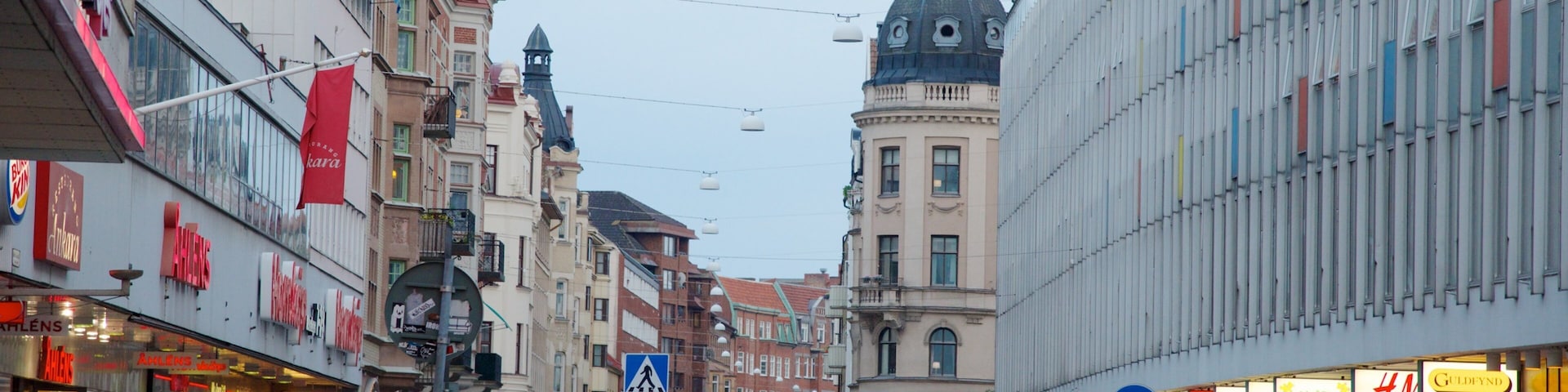 A bustling urban street with historic and modern buildings, shops, and a tram line.