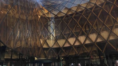 Una estructura arquitectónica moderna con fachada de vidrio reflectante y un diseño único y curvo.