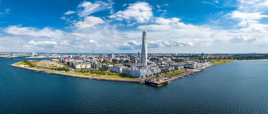 Beautiful aerial panoramic view of the Malmo city in Sweden. Turning Torso skyscraper in Malmo, Sweden.