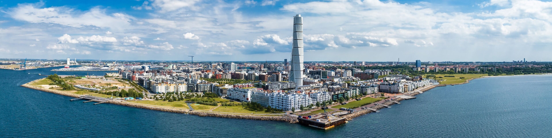 Beautiful aerial panoramic view of the Malmo city in Sweden. Turning Torso skyscraper in Malmo, Sweden.