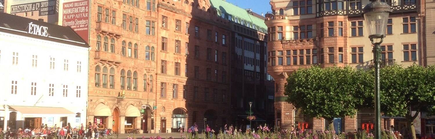 Una plaza adoquinada con edificios históricos y un jardín de flores.