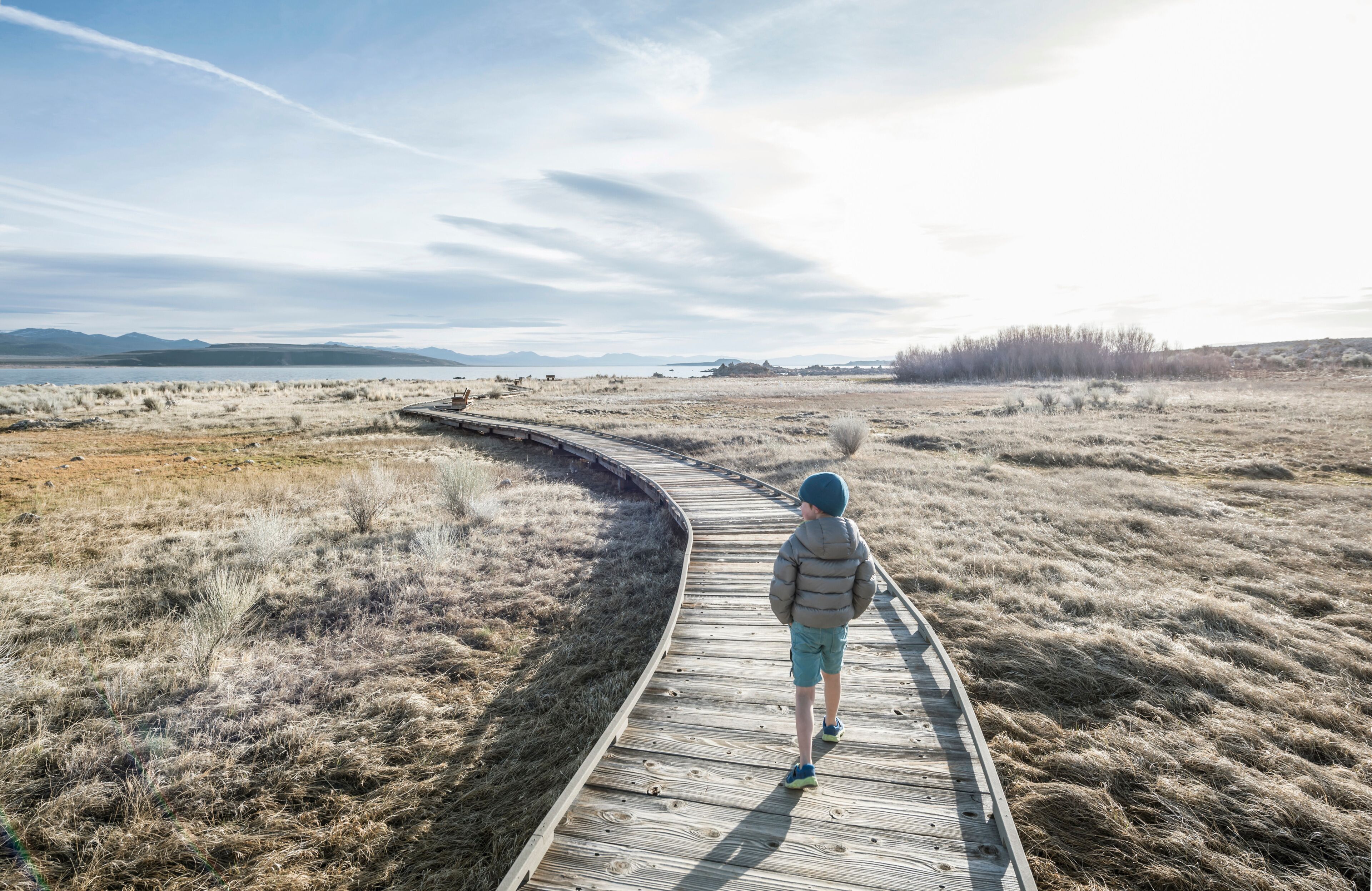 A child walking on a wooden boardwalk through a grassy field with mountains in the distance.