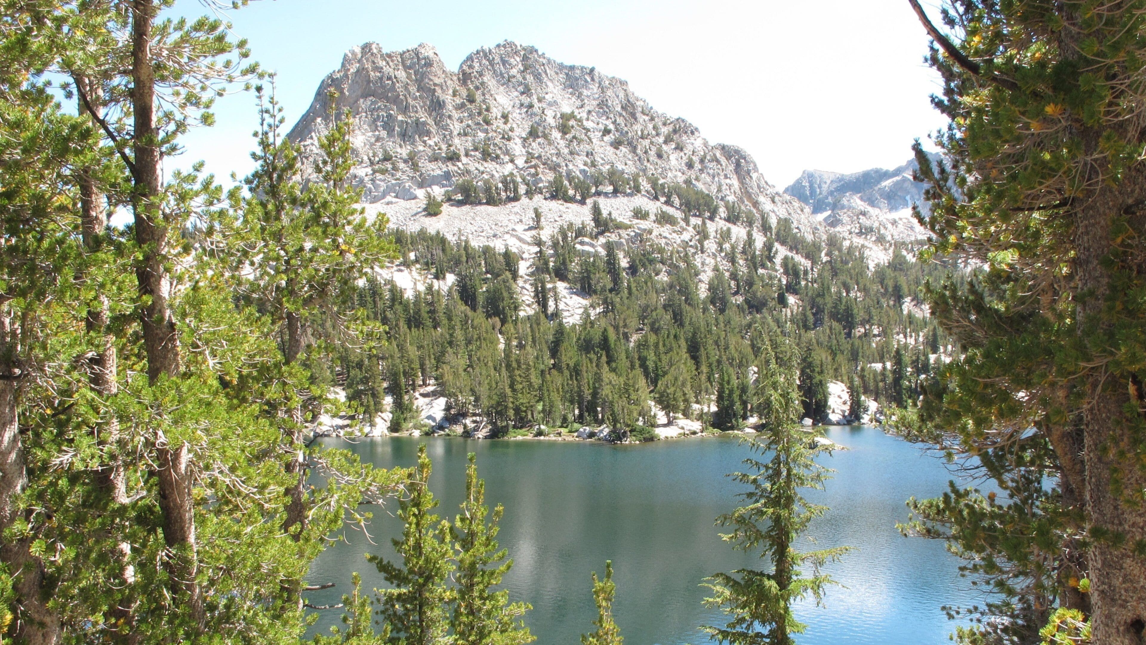 A mountain range with a lake surrounded by trees.