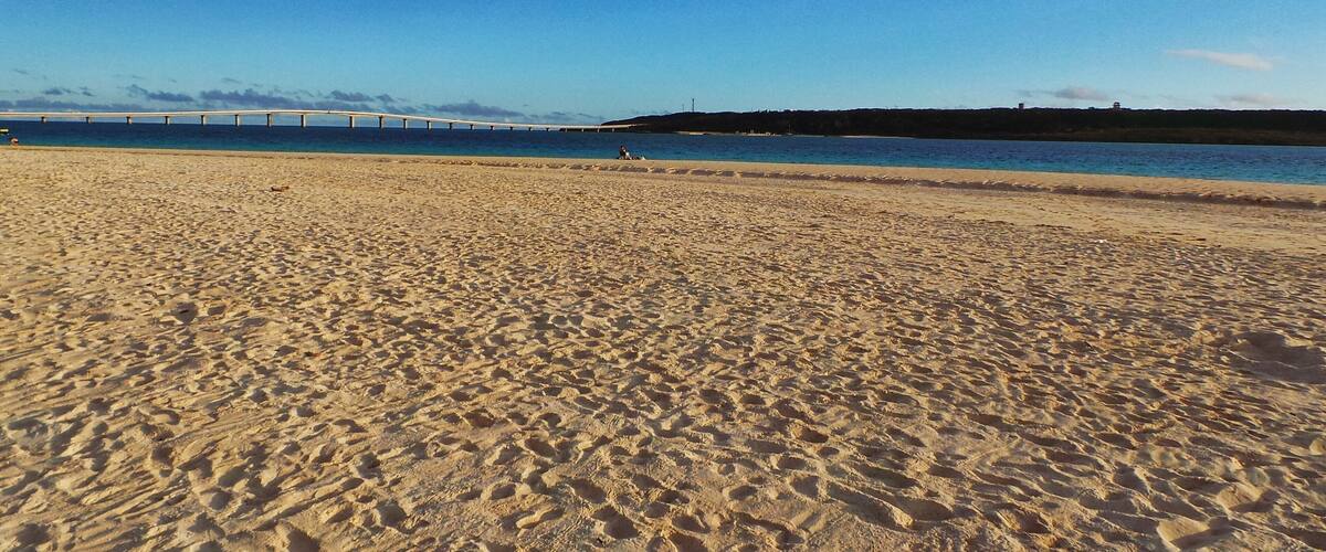 A sandy beach with footprints, a person sitting, and a bridge in the background.
