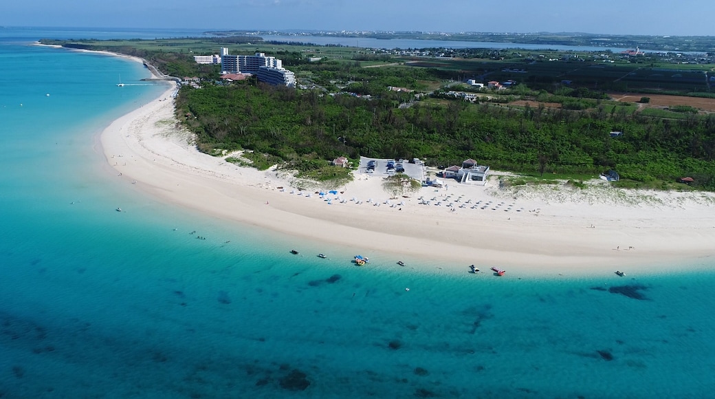 Aerial shot of maehama beach, miyako island, okinawa, Japan