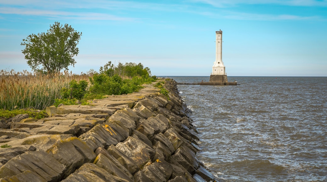A lighthouse and jetty on Lake Erie in Huron, Ohio