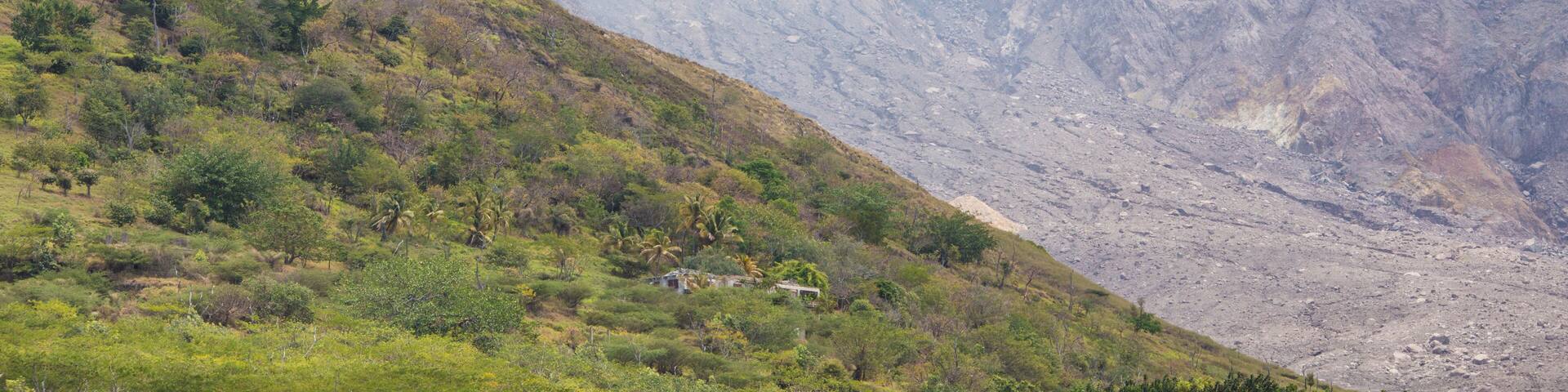Haze around the peak of Soufrière Hills volcano Montserrat Caribbean Leeward Islands Lesser Antilles