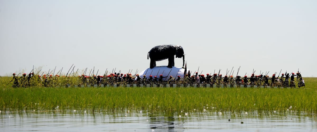 A herd of elephants in a grassy field with a line of people in red helmets and camouflage uniforms.